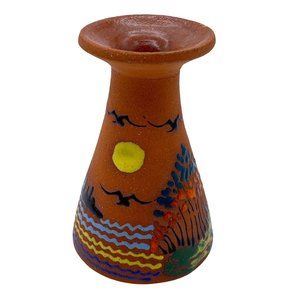 Terra Cotta hand painted bud vase saki bottle Japanese theme Signed artisan piec